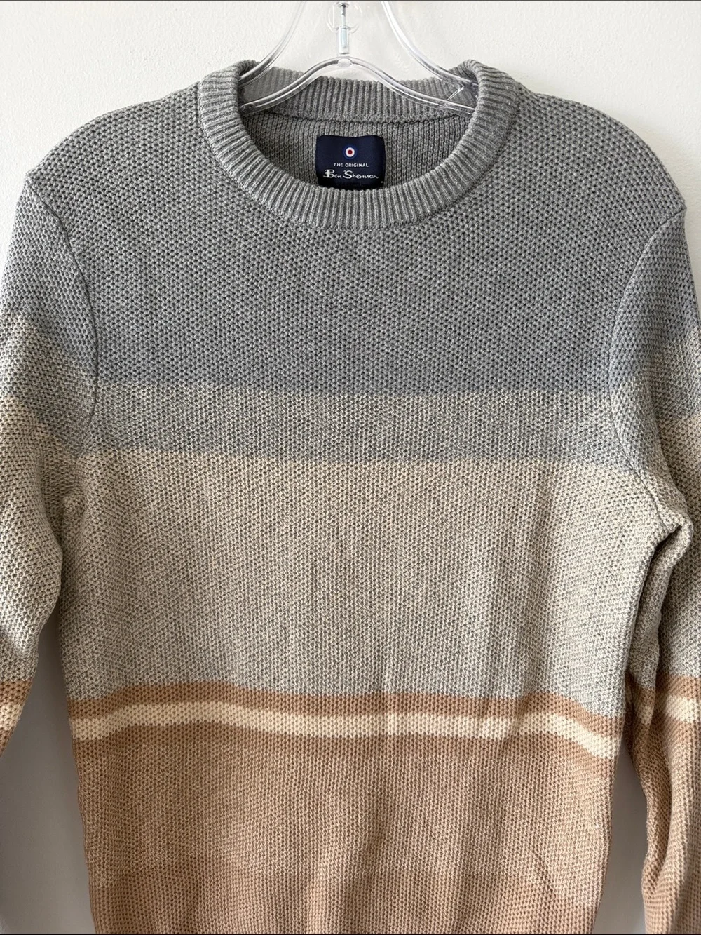 Ben Sherman Men's Colorblock Knit Crewneck Sweater Gray Tan Striped Small